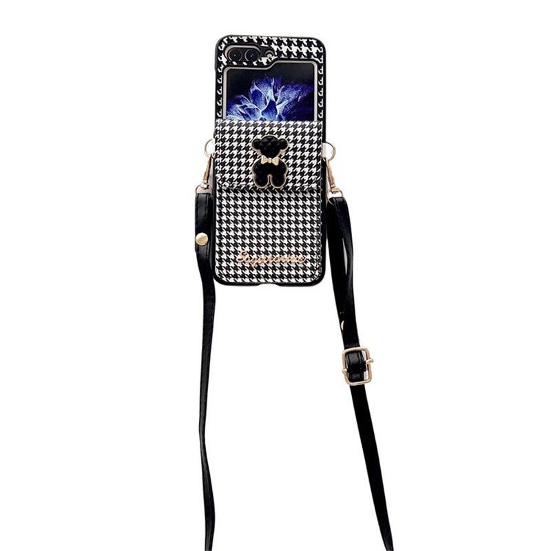 Black And White Grid Mobile Phone Case Is Suitable For Samsung Zflip6 Metal Red Panda Ears Wallet Crossbody Rope P50 Folding Screen