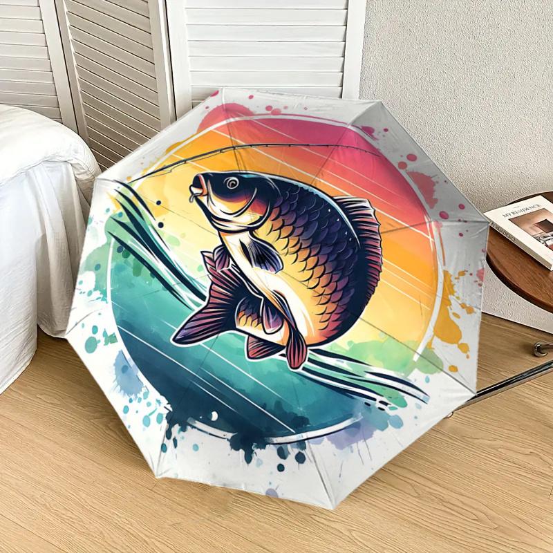 Colorful Fish Sunset Design Automatic Opening/Closing Umbrella with Foldable Design - Perfect for Fans, Travelers, Daily Use, and Festive Gi
