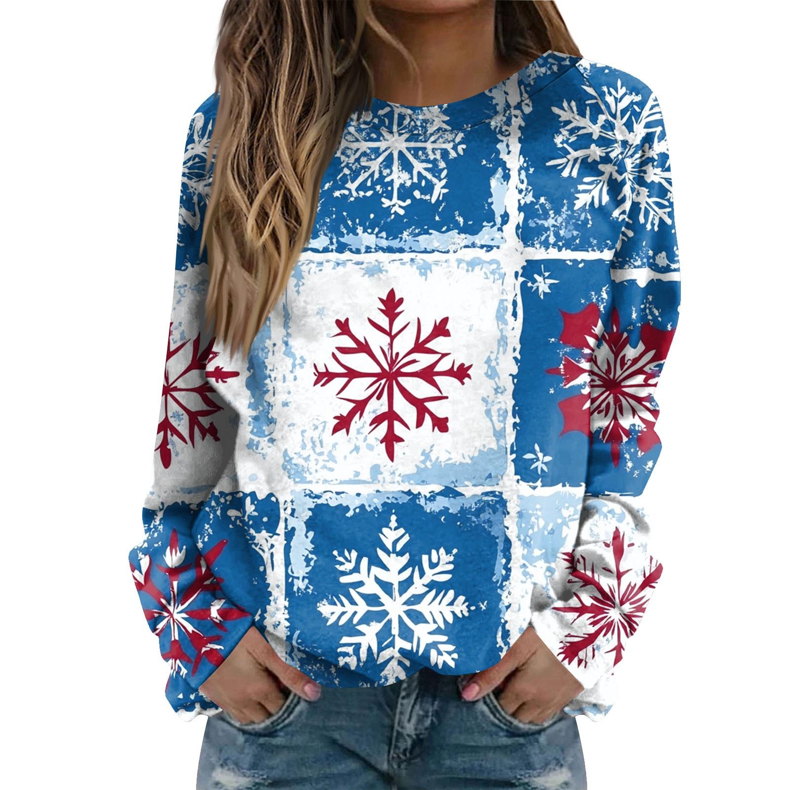 

Женская модная повседневная толстовка с длинным рукавом и рождественским принтом на шее XL небесно-голубой