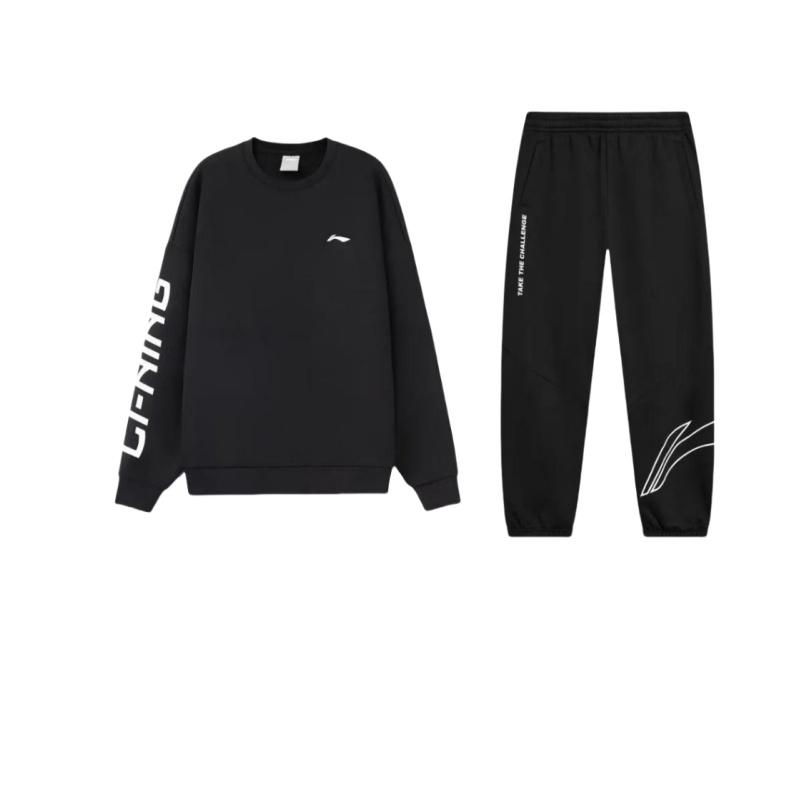 Li Ning Letter Print Loose Round Neck Pullover Long Sleeve Sweatshirt Casual Sports Suit Unisex Sweatshirt Black AKLTD71-1+-AWDRF44-2