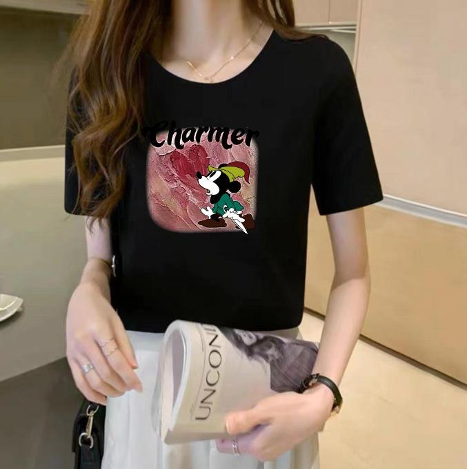 Cartoon Teddy Bear Printed Tshirt with Oil Painting Style Simple Top Short Sleeves Fashionable Short Sleeves S