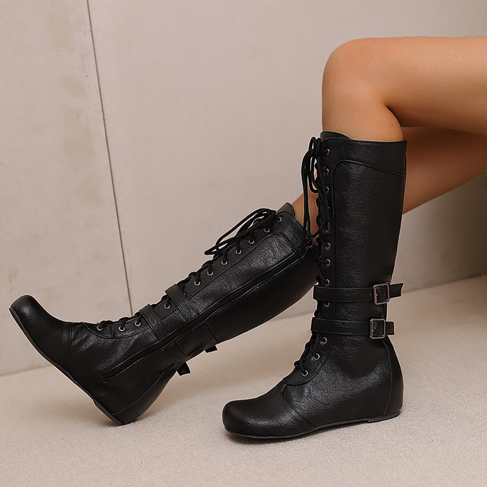 White Brown Women Mid Calf Boots Med Wedge Heel Big Size 50