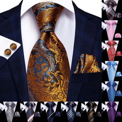 Herren-Krawatte, klassische Seidenkrawatte, Einstecktuch, Manschettenknöpfe, Paisley-Blumenmuster, Hochzeit