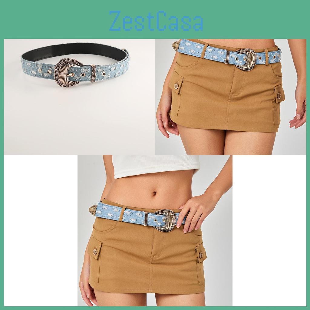 Retro Floral Embossed Denim Belt Unique Leather Belt Decoration Versatile Needle Buckle Belt Trendy Waistband