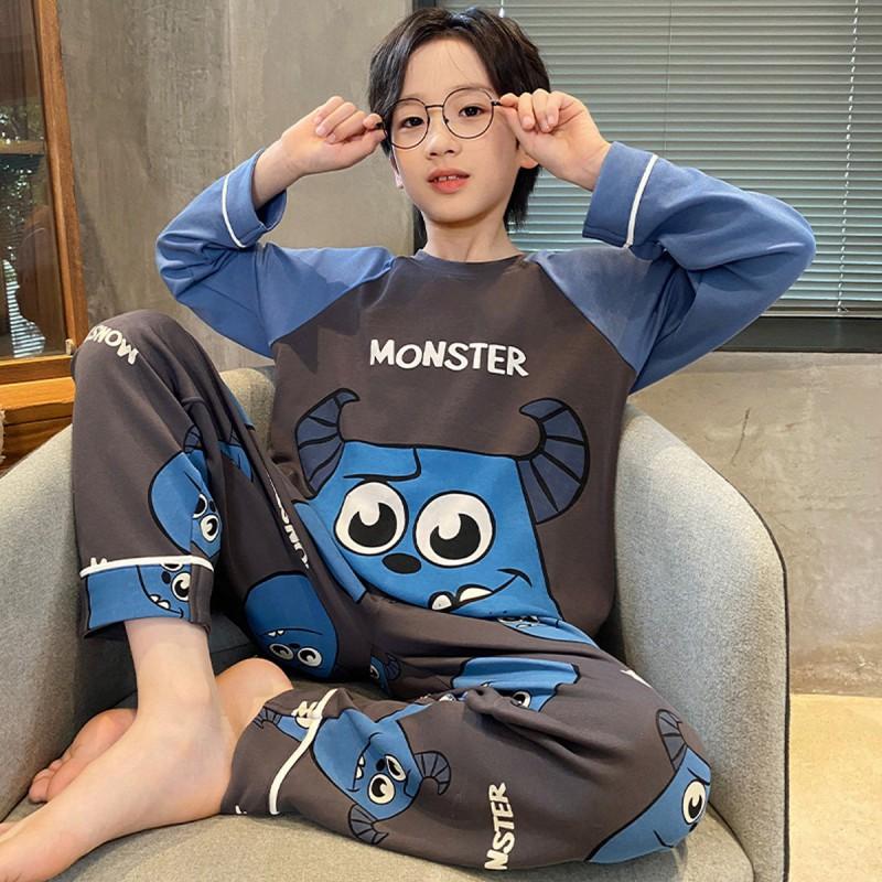 100% Combed Cotton Boys Pajama Set Long Sleeve Cartoon Print Sleepwear Teens 8 Years Lightweight Home Wear