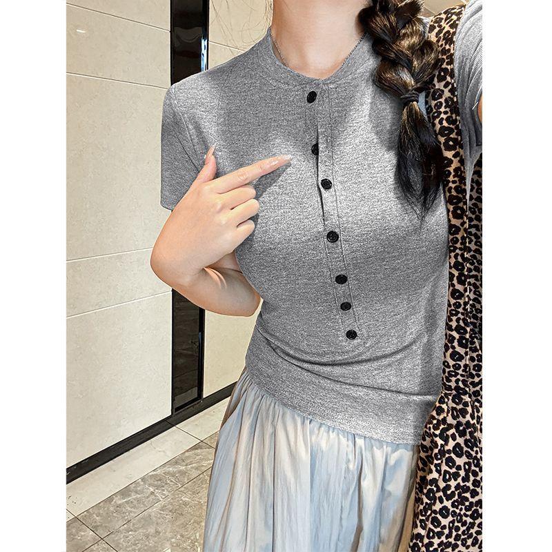 

Summer New American Hot Girl Scheming Half-open Collar Short Sleeved T-shirt for Women Ins Versatile Slim Top S сірий колір