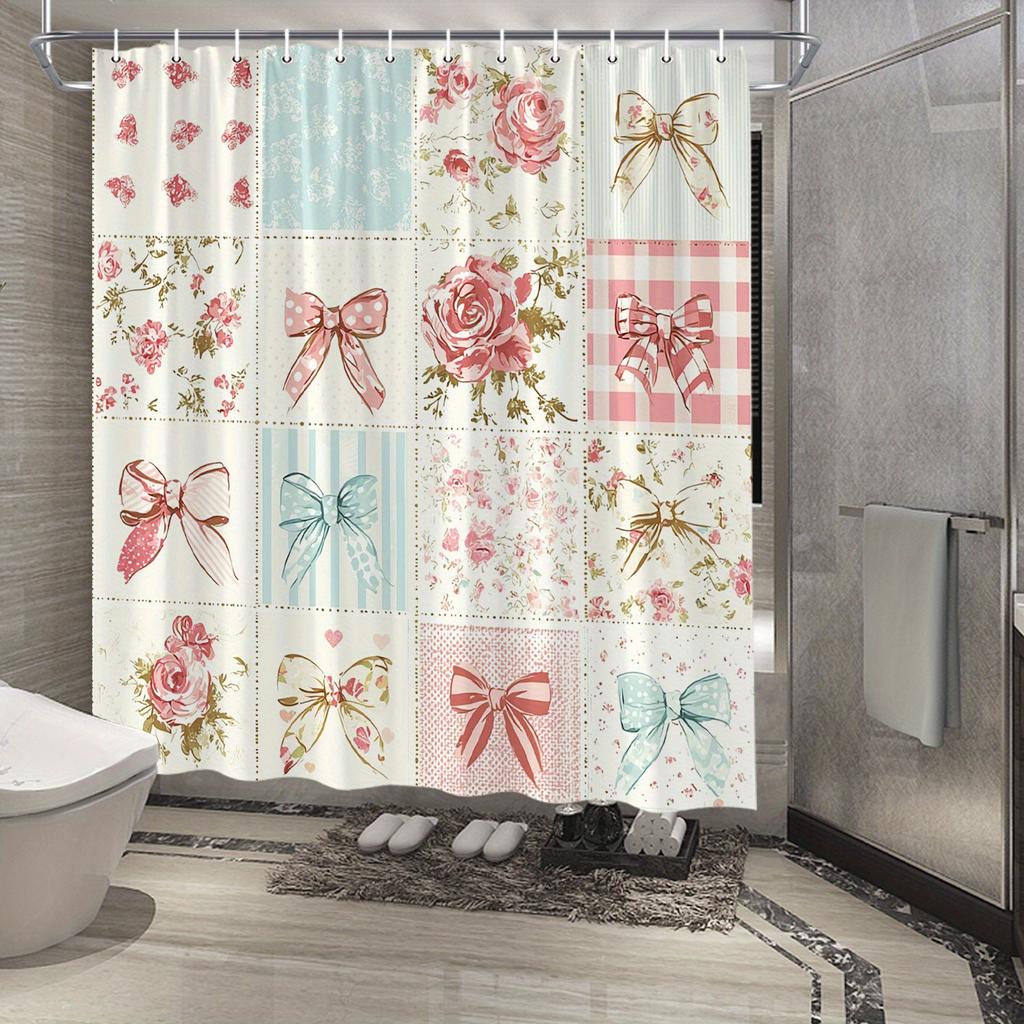 Shabby Chic Vintage Duschvorhang mit Blumen- und Pünktchenmuster - Verspieltes Pastell-Design, Rosen, Schleifen & Streifen, Polyester, 12 Haken