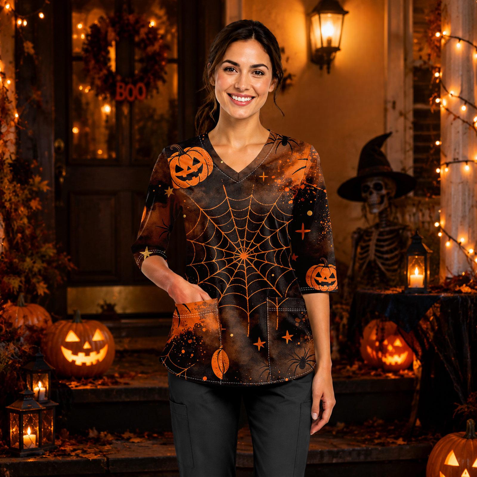 Women s Halloween Print V-Neck Costume Top with Pockets, Three-Quarter Sleeves L