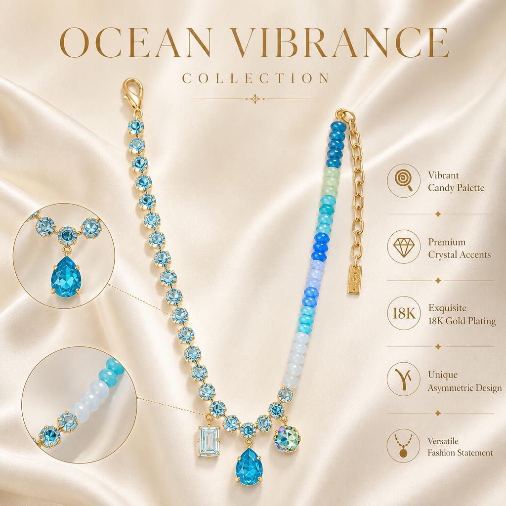 SongYi Vibrant Candy Crystal Necklace for Women Asymmetric Design Elegant Gold Plated Beads Emerald Cut Pendant Fashion Trendy