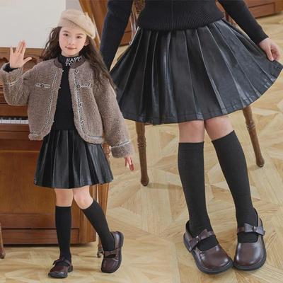 Dívčí plisovaná sukně z PU kůže - Princeznovský vysokoškolský styl, Podzim/Zima 2024
