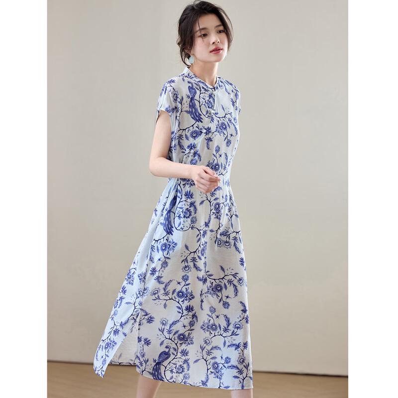 ORIGIN Chinese Style Blue & White Porcelain Midi Dress L
