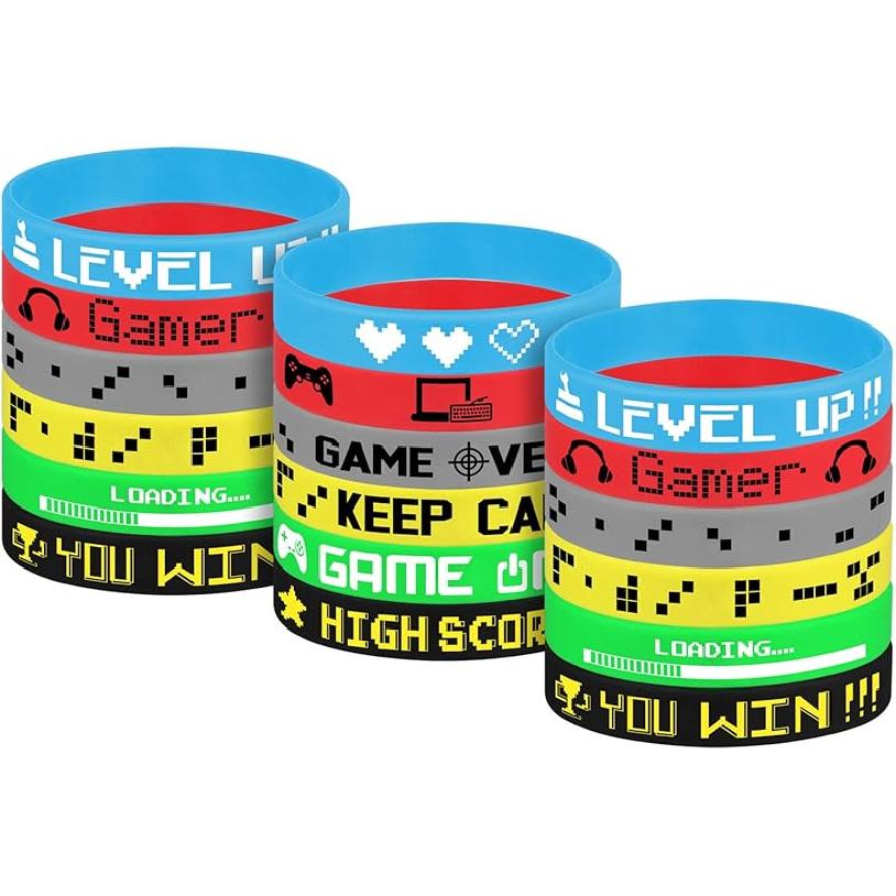 TUPARKA 18 Pcs Video Game Wristbands Rubber Bracelet Game Party Wristbands Supplies for Birthday Party Baby Shower Party Favors, 6 Styles Mixed Colors - 18pcs