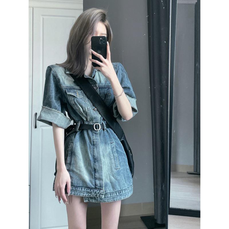 2023 European Design Slimming Denim Shirt Dress with Short Sleeves and a Turn-Down Collar