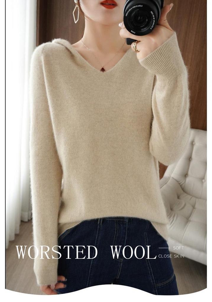 2026 Women's Solid Color Pure Wool Hooded Knit Sweater – Autumn/Winter Cashmere Base Layer Hoodie.