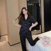 Ice and snow silk pajamas women's suit 1011 spring and summer new lapel short-sleeved trousers minimalist loungewear thin