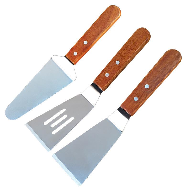 Stainless Steel Scrapers Non-stick Kitchen Grill Scraper Durable Wooden Handle BBQ Spatula Hamburger Patties Pizza Baking Tools