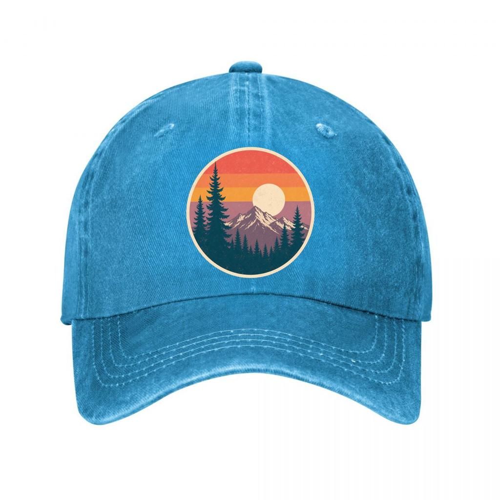 Retro Mountain Pines Sunset Emblem Washed Baseball Cap Outdoor For Womens Unisex FeUnisex Dad Hat