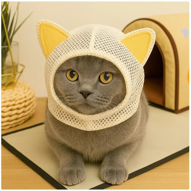Breathable Mesh Cat Grooming Hood Cute Cat Ear Anti Scratch Anti Bite Stress Reduction Pet Hat for Nail Trim Bath
