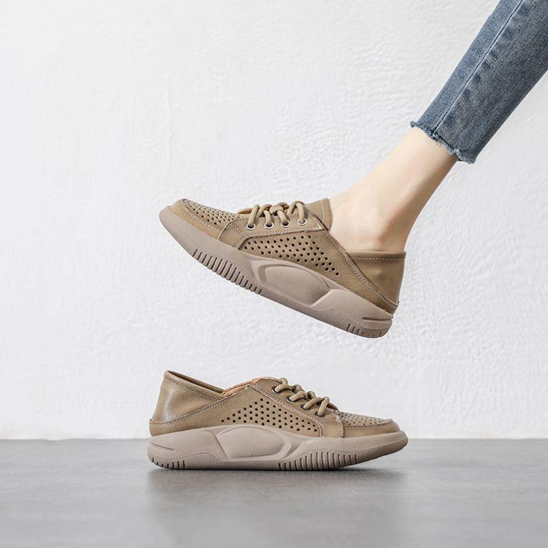 Perforated Breathable Sneaker Sandals for Women, White Sneakers, Summer Thin Lace-up with Sponge Soles, Casual Shoes