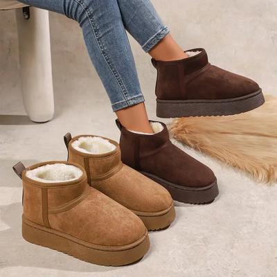 Winter Thick Bottom Fleece Lined Large Head Snow Boots Bread Cotton Shoes Over Ankle Rubber Sole Adult Pure Color Booties