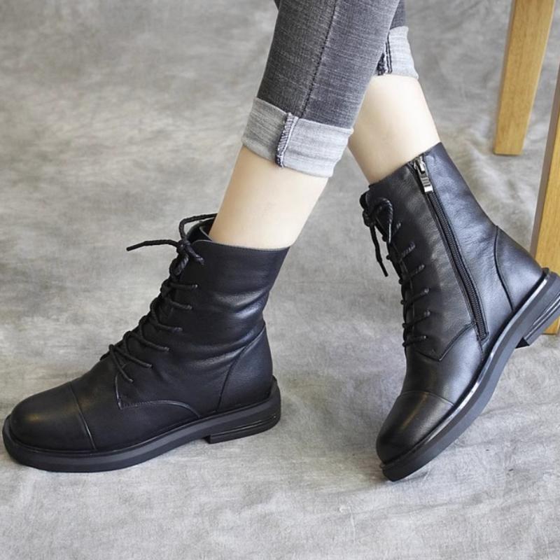 Mode Stiefeletten Frauen Echtes Leder Lace-Up Seite Reißverschluss Top Qualität Herbst Winter Dame Schuhe Handmade