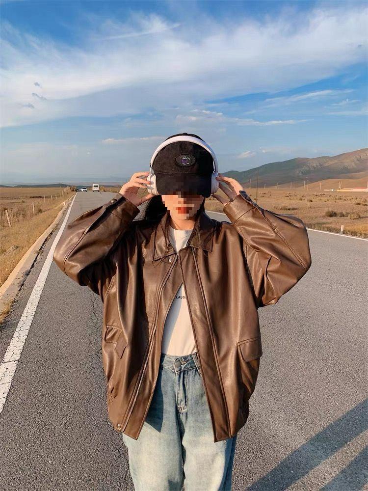 Women's Retro Brown Short Leather Jacket - 2026 Korean Style, Loose Fit, Cool Motorcycle Design for Spring/Autumn