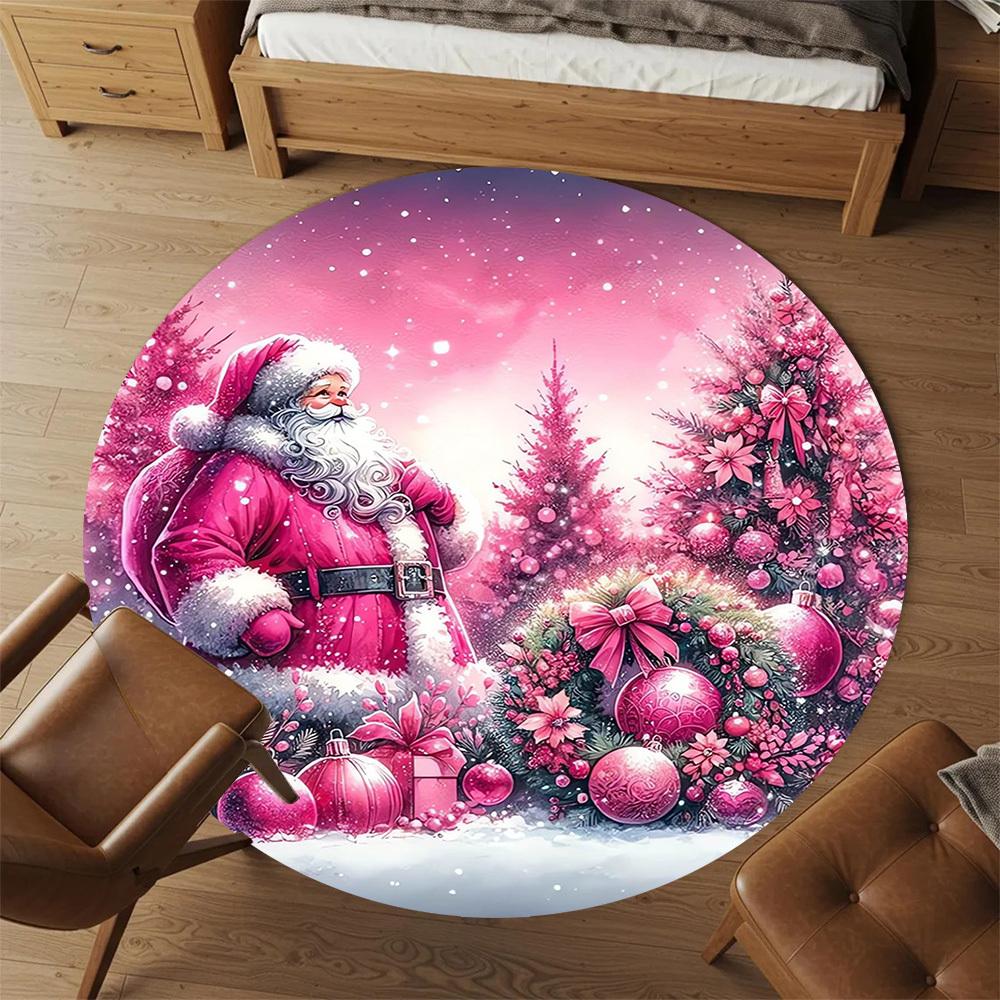 1pc Santa Claus, Pink Christmas Round Chair mat Area Rug - Non-Slip, Floor Mat for Office, Bedroom, home decor Christmas Gift-1002360