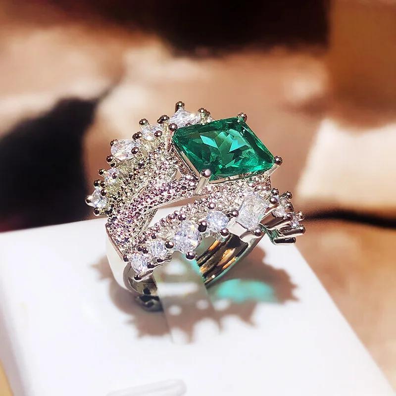 Hot Selling New Product Simulation Emerald Tourmaline Opening Ring Female Luxury Princess Square Full Diamond Ring Party Gift