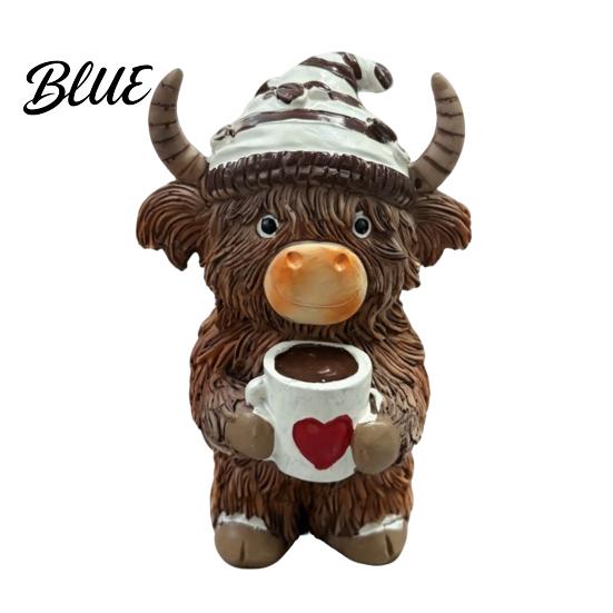 Farmhouse Kitchen Decor Highland Cow Figurine Resin Coffee Statue for Home Decor Artistic Floral Figurines Country Style Tabletop Ornament