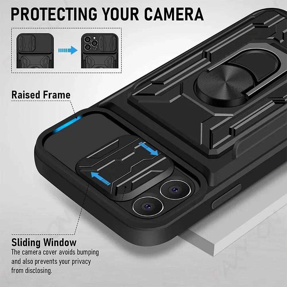 Case For iPhone 17 16 15 14 13 12 11 Pro Max XR XS Plus SE Slide Camera Card Slot Military Grade Ring 360 Magnetic Back Cover