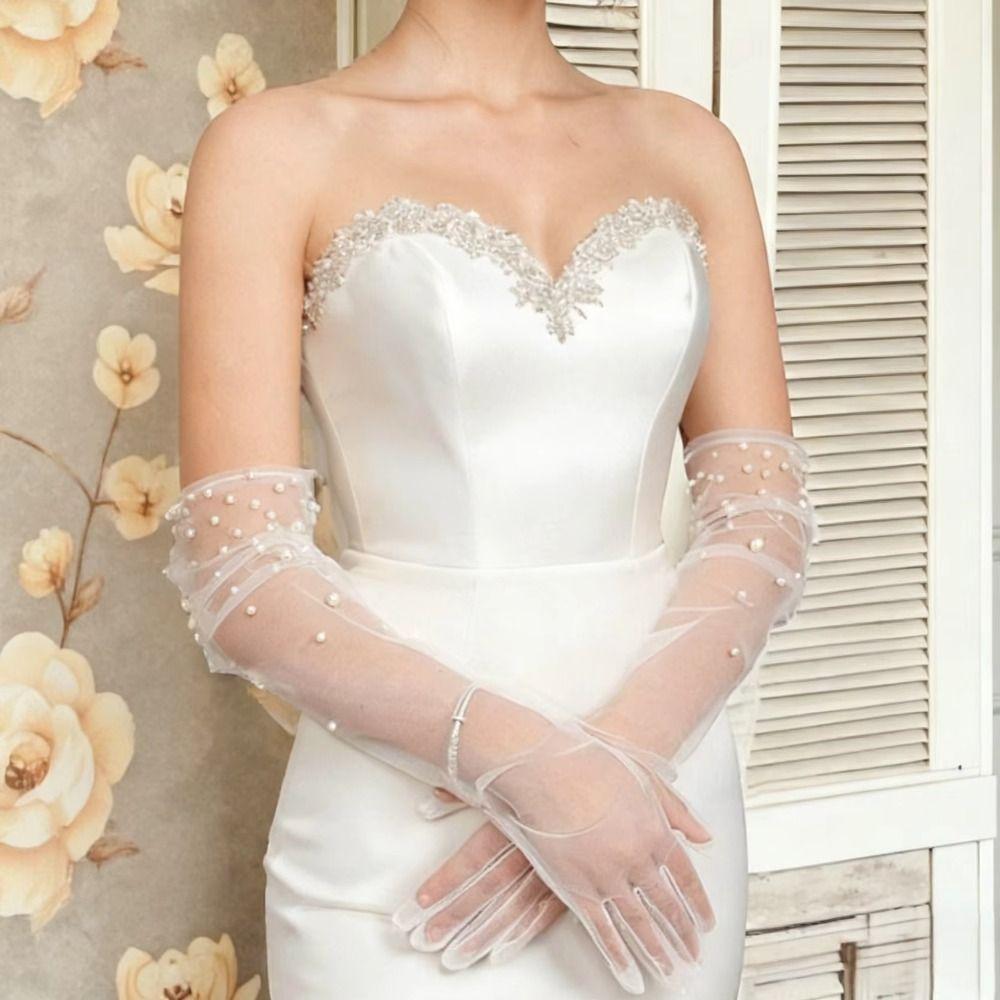 Průhledné svatební rukavičky Ručně zdobené Tylkové rukavice Vintage perlové rukavice Svatební Nevěsta