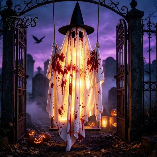 Trick or Treat Party Supply Hanging Swing Ghost Halloween Decoration, Spooky Light Up Large Swinging Front Porch Holiday Display with Blood Fabric for