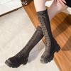 Winter Women Chunky High Boots Suede Mid Heels Fashion Shoes Lace Up Motorcycle Boots 2025 Trend Winter Knee High Botas De Mujer