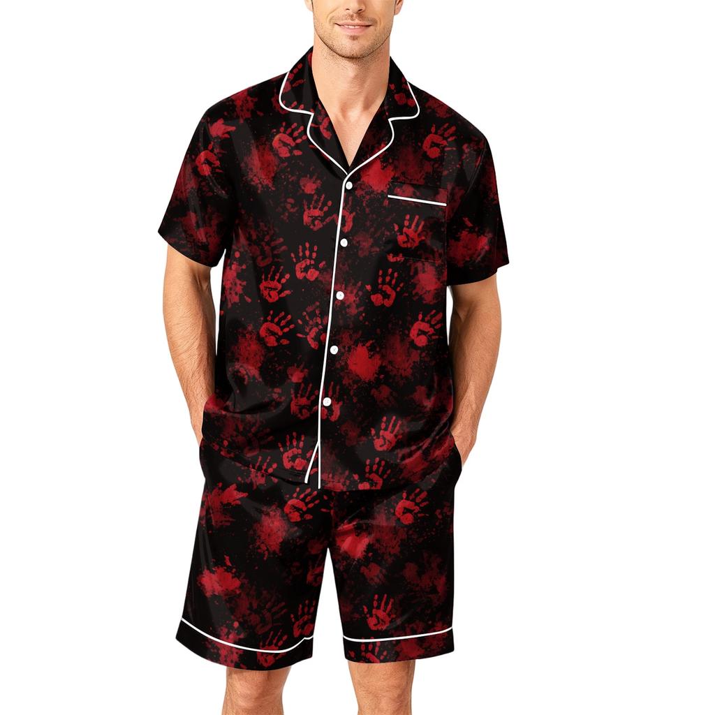 Herren Kurzarm Pyjama Set Knopfleiste Hemd mit Tasche und Kordelzug Shorts Weich Leicht Lässig Nachtwäsche S bis XXXXL