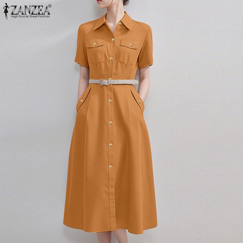 ZANZEA Women Casual Turn Down Collar Loose Short Sleeve Shirt Dress