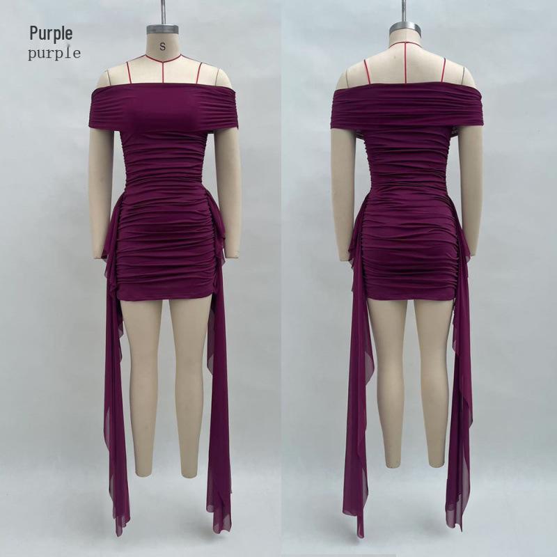 

European & American Style Women s One-Shoulder Ruffled Draping Ribbon Bodycon Dress (2025) S