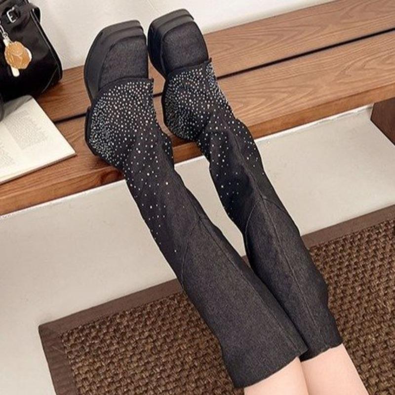 

Fashion Niche Retro New Round Toe 2025 Early Autumn Winter Trifle Bottom Rhinestone Over The Knee Skinny Boots 35