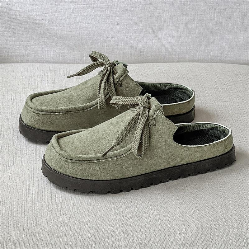 Men's Loafers 2025 Summer Comfortable Suede Casual Shoes Retro Platform Lace-up Flat Half Slippers Mules Zapatos Para Hombre
