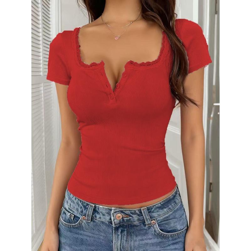 New Autumn and Winter Lace Button Fashion Short Sleeve Slim Sleeve Long Sleeve Top