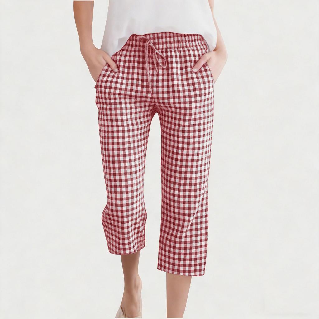Children's Fashionable And Cute Checkered Elastic Waist Pocket Casual Girls' Cropped Pants