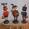 Holiday Fireplace Mantel Decor Wooden Halloween Resin Figurines, Pumpkin Scarecrow Wizard Owl Black Cat Country Style Figurines Statue, Rustic Desktop