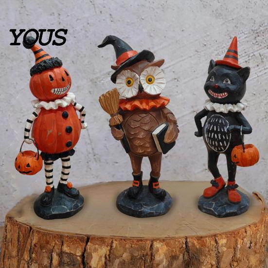 Holiday Fireplace Mantel Decor Wooden Halloween Resin Figurines, Pumpkin Scarecrow Wizard Owl Black Cat Country Style Figurines Statue, Rustic Desktop