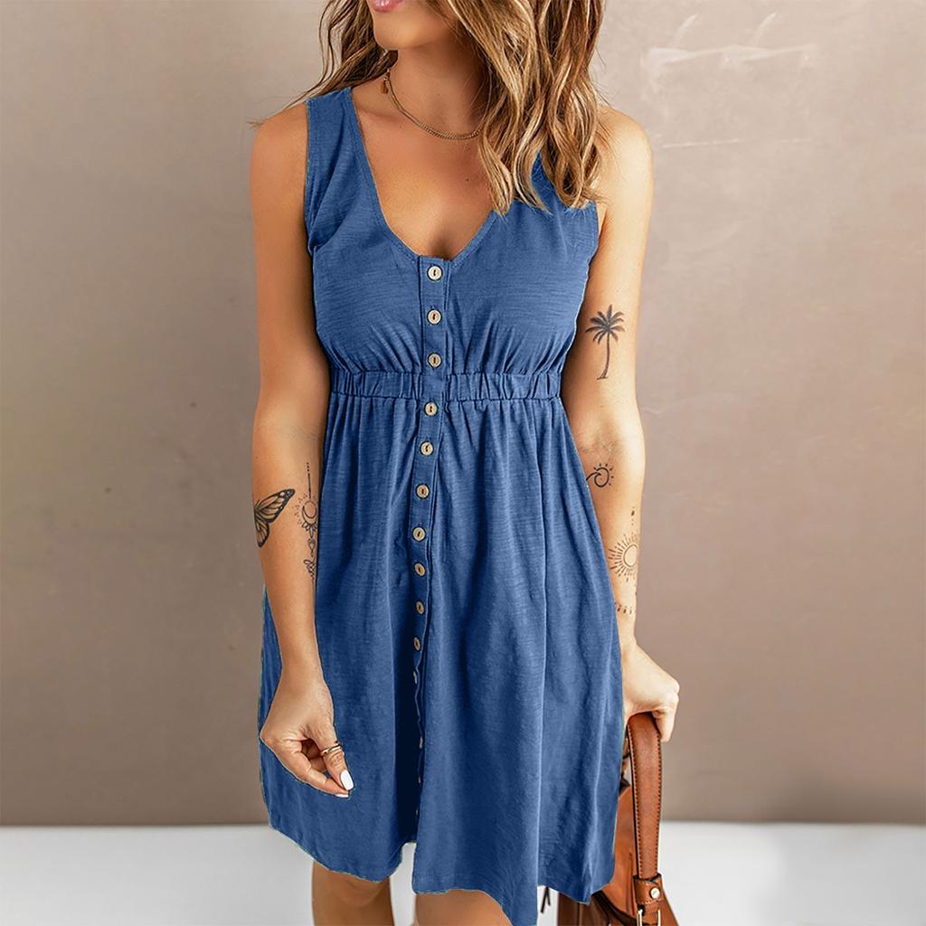 Women's Casual Sleeveless Button Down Dress Summer Elastic Waist A-Line Swing Tank Dresses