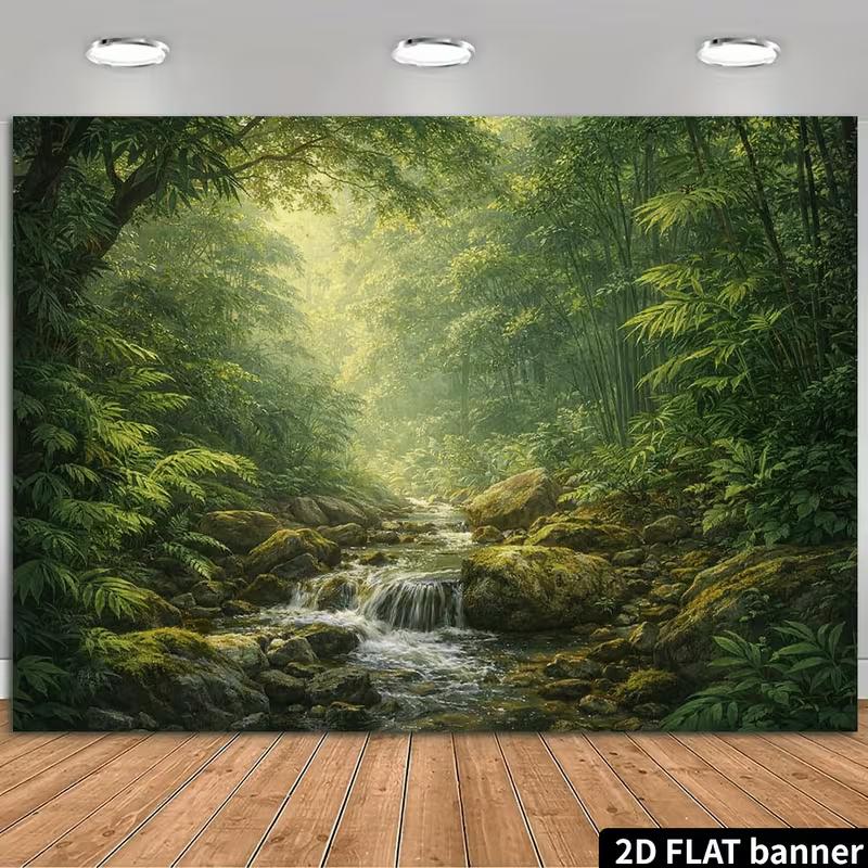 2D Misty Jungle Banner with Ferns and Mossy Rocks Photo Booth Background Cloth