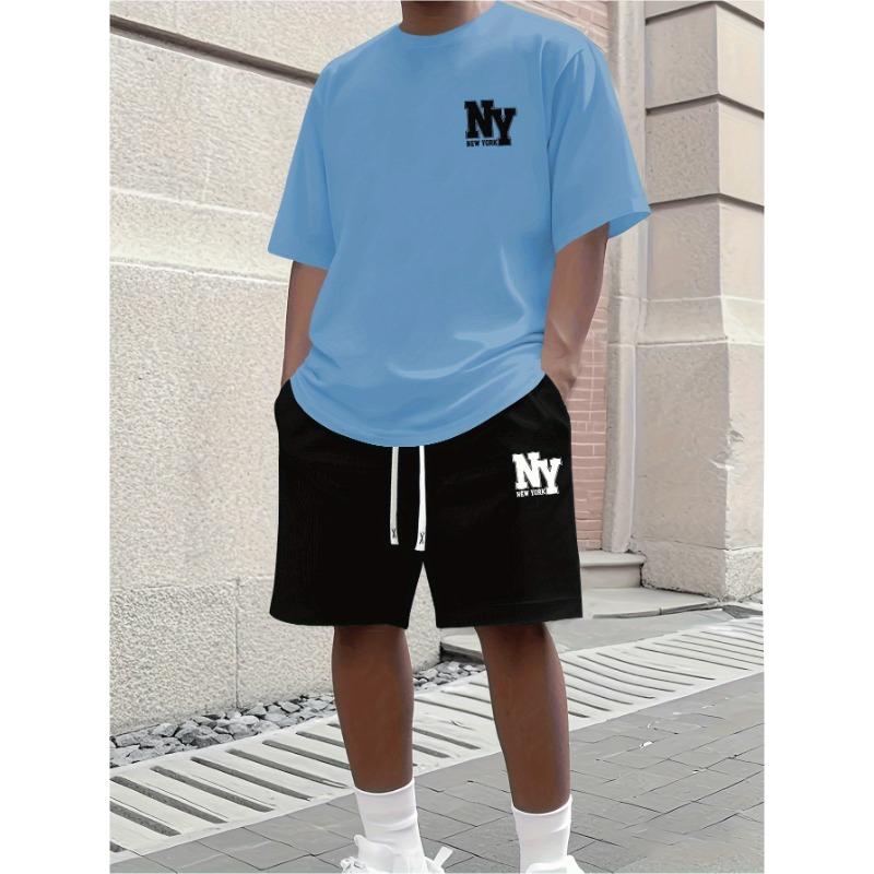 Men's Summer 2-piece Set, Short Sleeved Round Neck T-shirt and Elastic Waist Shorts