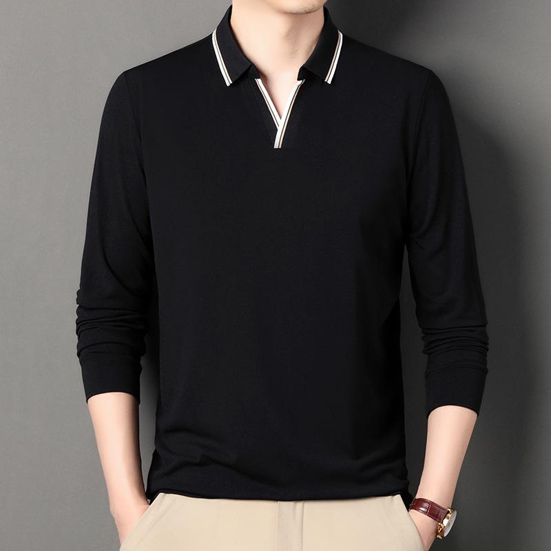 Lapel Long Sleeve T-Shirt Solid Color Thin Medium Men'S Clothes Loose Bottom Polo Shirt
