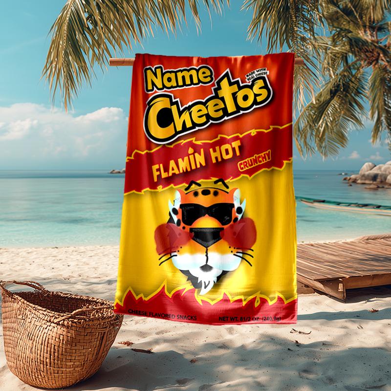 Custom Name Ultra-Soft Beach Towel with Cheetos Theme,Ideal for Pool - Camping, Diving - Perfect Travel Essential, Vibrant Beach Towel.