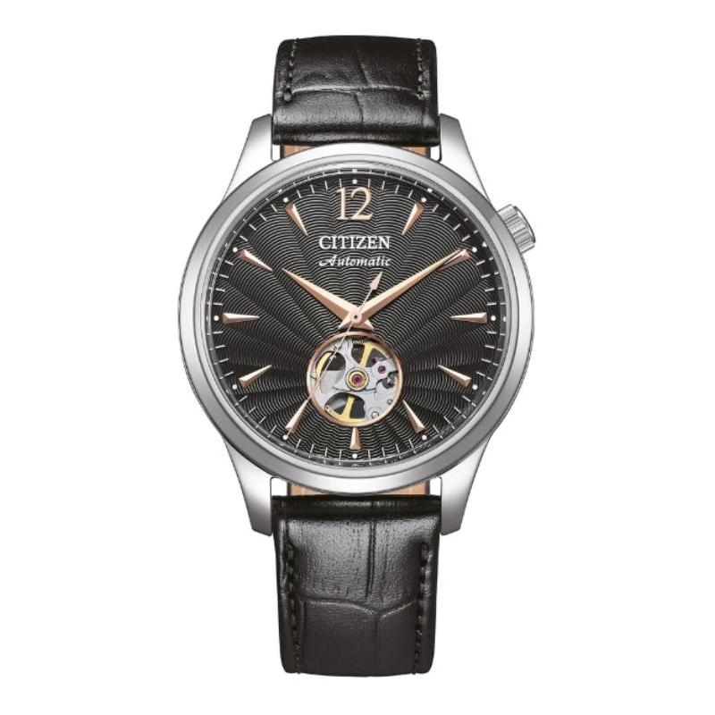 CITIZEN 50m waterproof mechanical movement leather strap men s watch black dial NH9131-14E чёрный