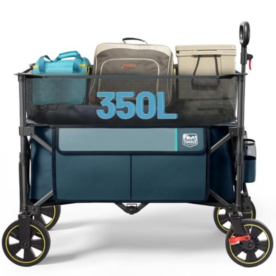 Outdoor camping utility wagon: 350L extra large collapsible folding cart with brake, heavy duty steel frame, blue color, extend синий