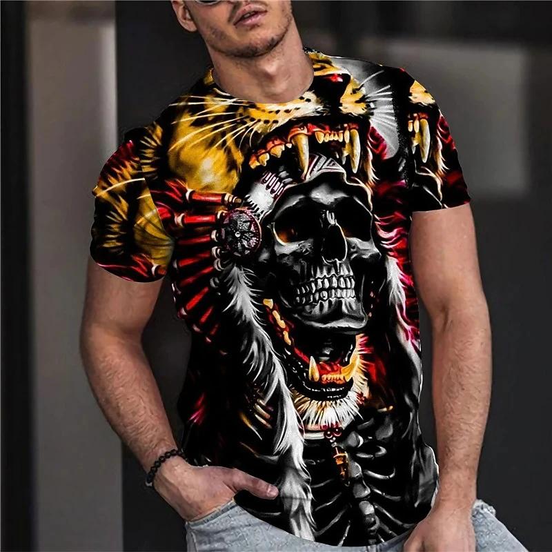 Summer Round Neck 3D Vintage Horror Skull Print Top Fashionable Casual Short Sleeved Men's T-shirts